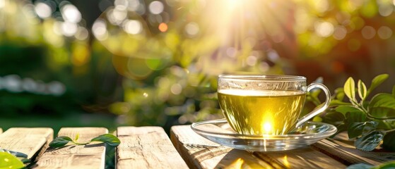 Fototapeta na wymiar Serenity in Nature, Aromatic Green Tea Served in a Glass Cup Resting on a Light Wooden Table Outdoors, Offering Space for Text