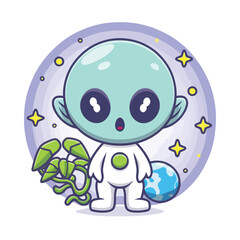 Fototapeta premium 2d vector illustration chibi cute alien, holding sphere earth plant , full body , clean shape and line, white background, random moon background 