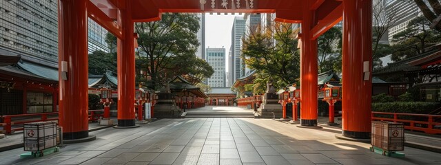  Metropolis Shinto shrine nestled among the skyscrapers of a modern Japanese city, blending ancient tradition with contemporary urban life, with visitors paying their respects.