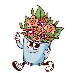 Groovy bucket with garden flowers cartoon character with V fingers. Funny retro basket walking with hippie gesture, garden tool mascot, cartoon flowerpot sticker of 70s 80s style vector illustration