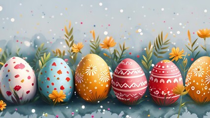 Whimsical watercolor Easter eggs surrounded by spring florals.