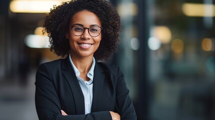 portrait of black businesswoman with arms crossed in office - obrazy, fototapety, plakaty