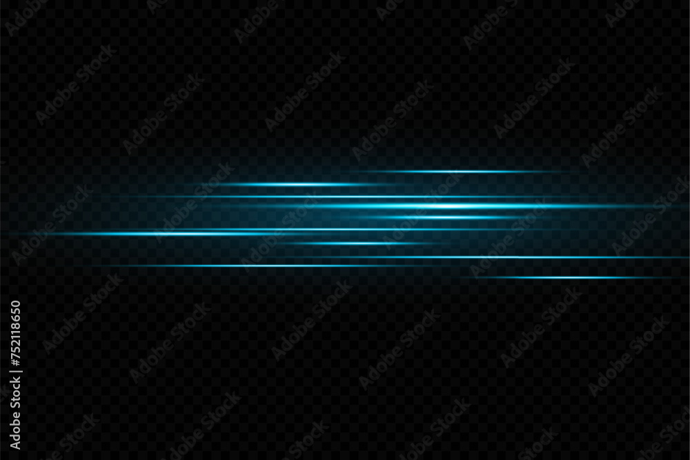 Poster neon blue horizontal speed lines. glowing stripes. laser beams. light lines of movement and speed in