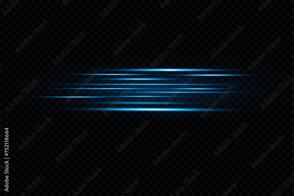 Poster neon blue horizontal speed lines. glowing stripes. laser beams. light lines of movement and speed in
