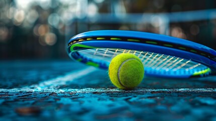 Tennis racket and ball on the tennis court. - Powered by Adobe