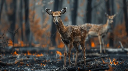 Two deer face a forest fire in a natural landscape