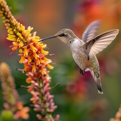 Fototapeta premium Hummingbird in flight approaching yellow blossoms. Nature's delicate balance captured in a photograph. Bird's grace while pollinating garden flowers.