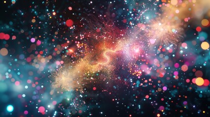 Vibrant cosmic explosion captured in photograph with colorful sparkles. Celestial celebration with a burst of colors and bokeh lights. Stellar explosion depiction with glittering sparkles - obrazy, fototapety, plakaty