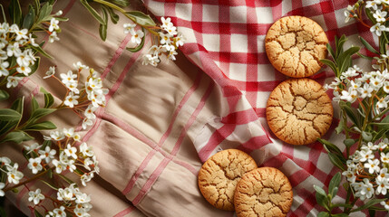 cookies on picnic blanket, outdoor, spring background