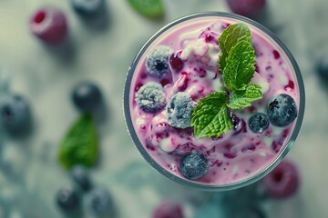 a glass of fruit yogurt with berries