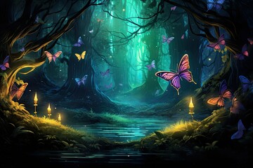 Fototapeta premium Forest Symphony with Luminescent Butterflies