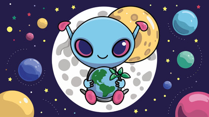 2d vector illustration chibi cute alien, holding sphere earth plant , full body , clean shape and line, white background, random moon background
