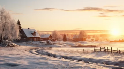 Foto auf Alu-Dibond A Sunrise on a winter morning, rural northern village with snow, warm morning lights. © Phoophinyo