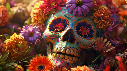 Calavera Sugar Skull decorated with flowers The day of the dead