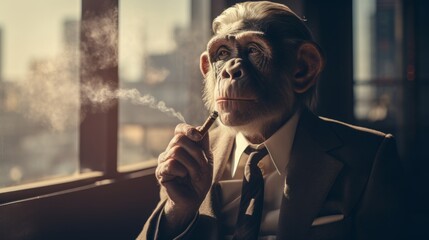 A monkey in fashionable stylish clothes smoking cigar. - obrazy, fototapety, plakaty