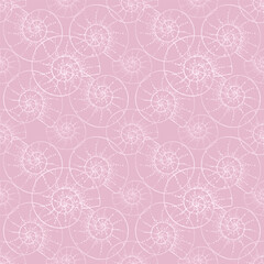 Seamless pattern with round spiral seashells, nautilus or snails shells on pastel pink background. Hand drawn line and dots texture. Elegant lace vector print for fabric, wrapping paper, wallpaper.