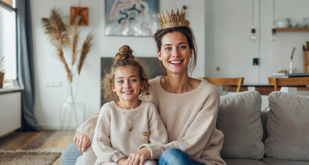 une maman porte une couronne sur la tête, c'est la reine de la journée pour la fête des mères - obrazy, fototapety, plakaty