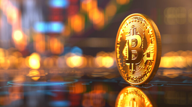 A shiny gold Bitcoin coin with a blurry stock market in the background symbolizes the intersection of the cryptocurrency market and traditional financial markets.