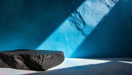 Blue background for product presentation with shadows and light. Empty rock podium. Mockup. with sunlight
