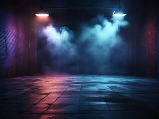 A dark empty street, dark blue background, an empty dark scene, neon light, spotlights The asphalt floor and studio room with smoke. Night view. Generated by AI