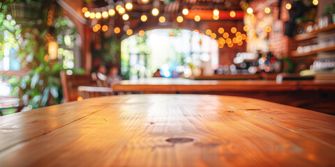 empty wooden table on bokeh lights with restaurant background , Empty wood table top with blurred bokeh light christmas background,  - obrazy, fototapety, plakaty