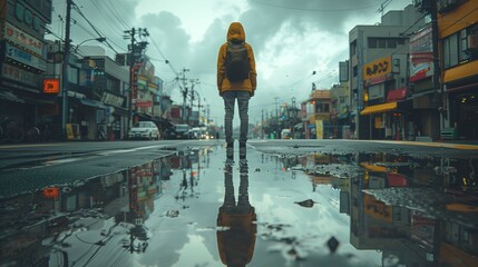 Person standing in puddle, amidst buildings in urban area - obrazy, fototapety, plakaty