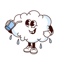 Groovy happy cloud cartoon character with falling drops. Funny retro soft bubble white cloud holding drink, rainfall and rainy weather mascot, cartoon sticker of 70s 80s style vector illustration