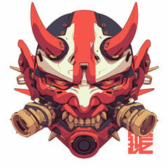Futuristic Potrait Demon Devil Mask Oni with Gas Mask Illustration