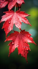 A Red maple leaves on a humid morning. Natural light. Close-up.