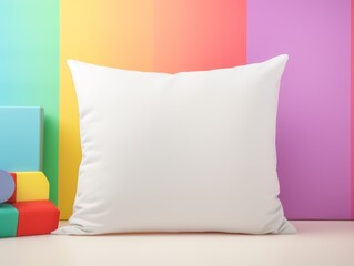 Square white throw pillow on a bright and colorful kids bed pastel rainbow background blank mock-up products suitable for brand photography.