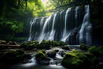 Ethereal Waterfall: A long-exposure shot of a cascading waterfall surrounded by lush greenery, evoking a sense of serenity.

