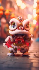 Chinese lion dance Community performance in China Lunar New Year celebration Chinese New Year, clear lion dance details, bokeh blur background