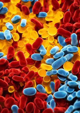 Blood Type Antigens: Surface of red blood cells with A, B, O antigens, against backgrounds color-coded for each type (red, blue, yellow)