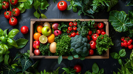 A vibrant collage showcasing eco-friendly ways to reduce food waste, featuring colorful produce spilling out of a reusable food box.