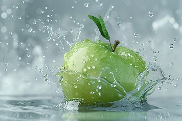 a green apple splashing in water