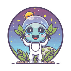 2d vector illustration chibi cute alien, holding sphere earth plant , full body , clean shape and line, white background, random moon background
