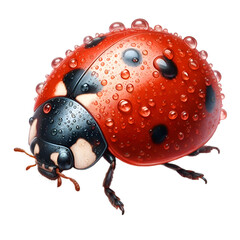 A small red ladybug with black spots rests on a clean white background