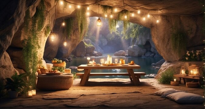 Showcase an ultra-realistic image of a picnic scene in a cave during the early evening, with the last rays of sunlight filtering through the entrance. Capture the transition from dayligh-Ai Generative