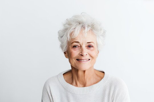 Portrait of a happy senior woman looking at camera over white background