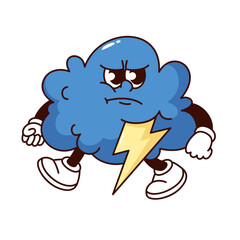 Groovy angry cloud cartoon character with lightning bolt. Funny retro blue storm cloud walking, thunderstorm and rainy weather mascot, cartoon raincloud sticker of 70s 80s style vector illustration