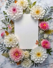Floral Wedding card Invitation blank template, blank white frame mockup with flower, flat lay empty frame  