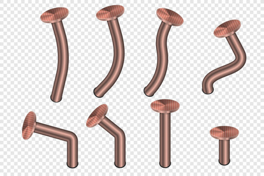 Realistic old bent iron nails hammered into wall. Vector 3d illustration isolated on transparent background.