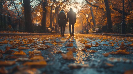 a couple is walking down a path in a park holding hands - obrazy, fototapety, plakaty