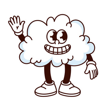 Groovy cloud cartoon character greeting with funky smile. Funny retro white bubble cloud showing happy grin with teeth, cloudy weather mascot, cartoon sticker of 70s 80s style vector illustration
