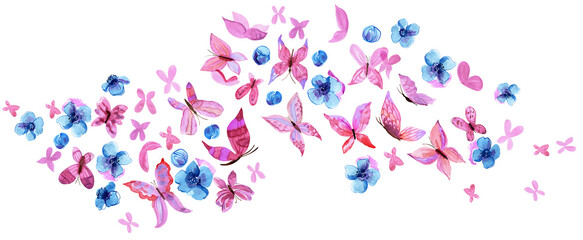 Watercolor hand painted pink butterflies. PNG transparent background - 752122225