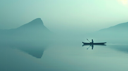 A person is seen rowing a boat on a lake against the backdrop of majestic mountains in the distance