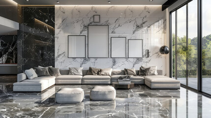 A living room with elegant marble floors and walls, creating a sophisticated and upscale ambiance