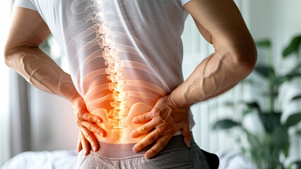 The back of a man touching his lower back with back pain or lower back pain.
