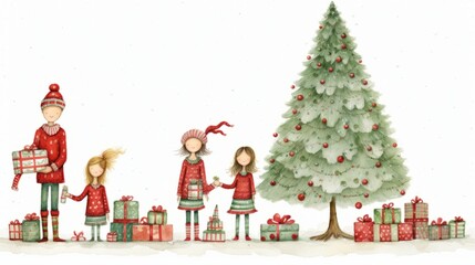 Obraz na płótnie Canvas A festive watercolor depicts an adorable Christmas family gathered near a Scandinavian red and green Christmas tree, crafted in a crochet-like style. The illustration is reminiscent of a postcard.