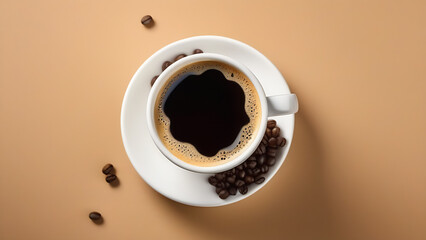Arabic coffee wth coffee seeds in beautiful white cup on beige background, morning routine, poster, top view, close up